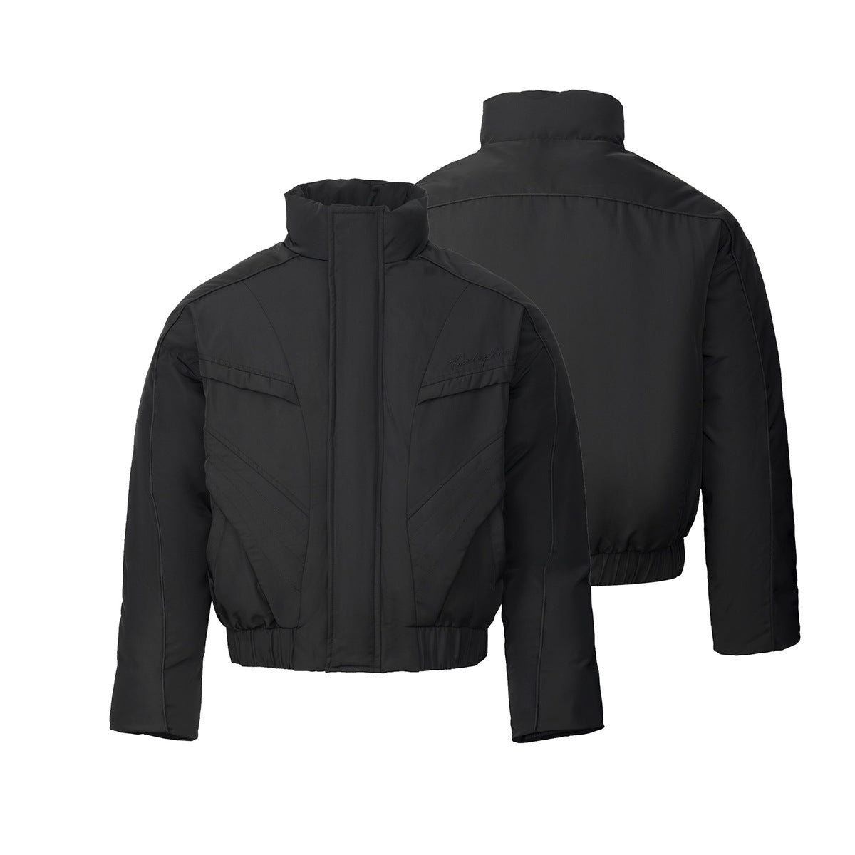 Men's Cropped Puffer Bomber Jacket – Stand Collar, Geometric Seam Detail