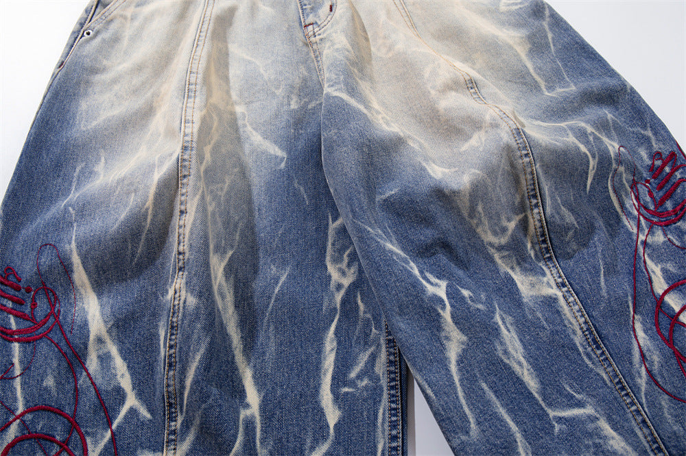 Tie-Dye Washed Denim Shorts – Wide-Leg Embroidered Vintage Punk Style