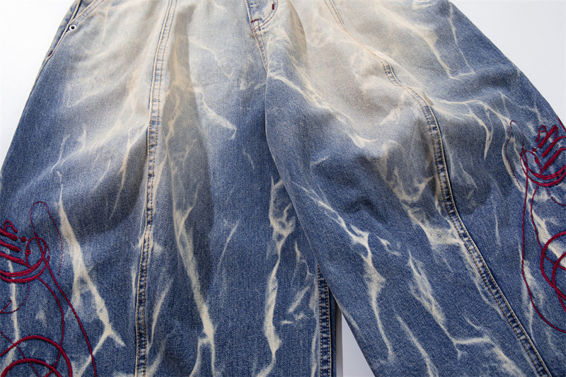 Tie-Dye Washed Denim Shorts – Wide-Leg Embroidered Vintage Punk Style
