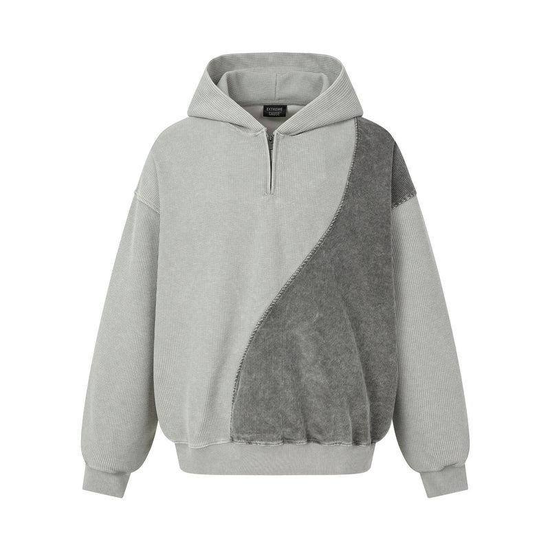 Sweat à capuche oversize bicolore en patchwork, à quart de zip, avec empiècements en maille gaufrée et velours côtelé délavé, gris clair