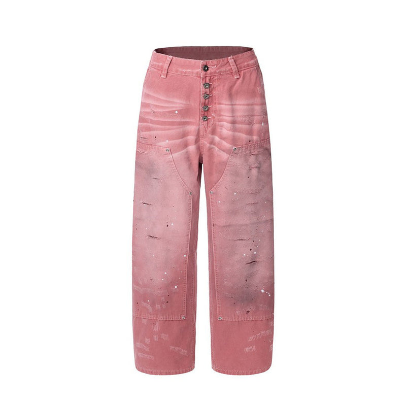 Rosa Wide-Leg-Canvas-Hose mit Destroyed-Details – Paint-Splatter-Workwear-Jeans