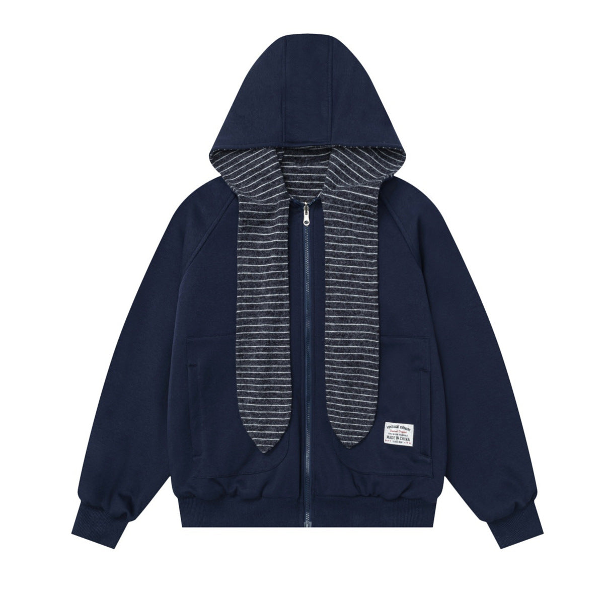 Sudadera con capucha y cremallera de rayas con orejas de conejo — Cárdigan reversible de doble cara