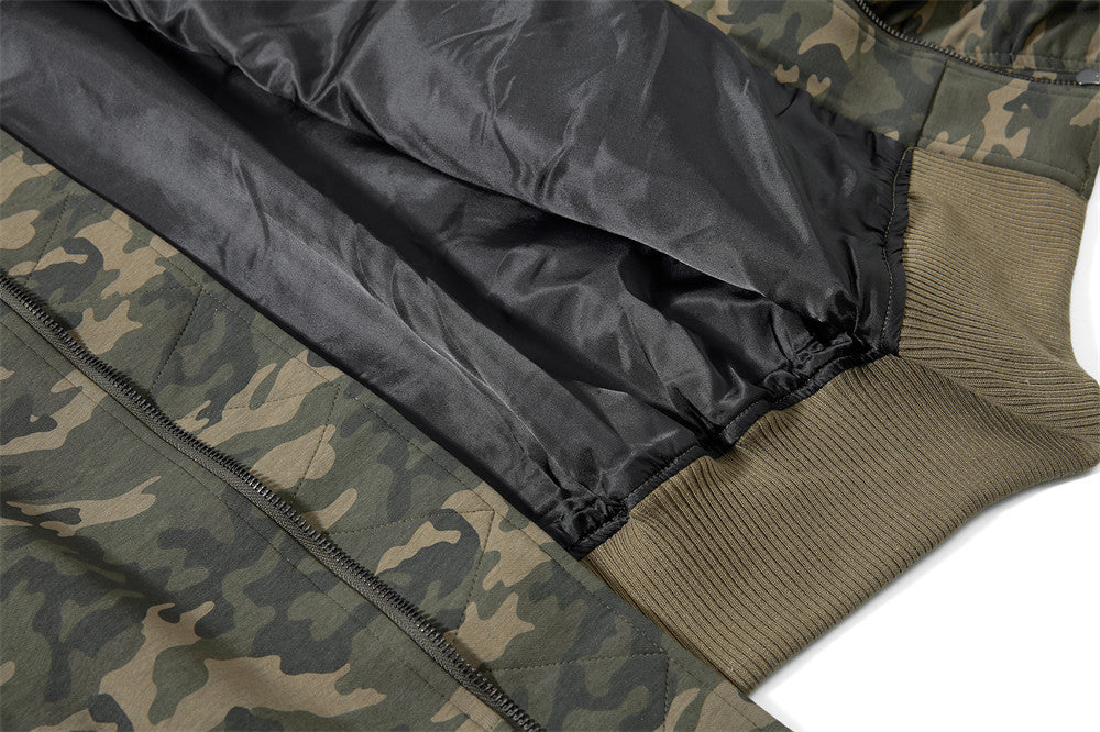 Blouson bomber homme camouflage à capuche, fermeture zippée et manches plissées