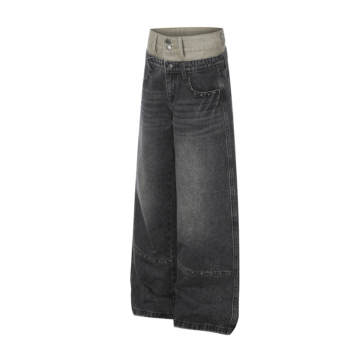 Baggy Double Knee Jeans – Dark Grey Wide-Leg Denim with Double Waistband &