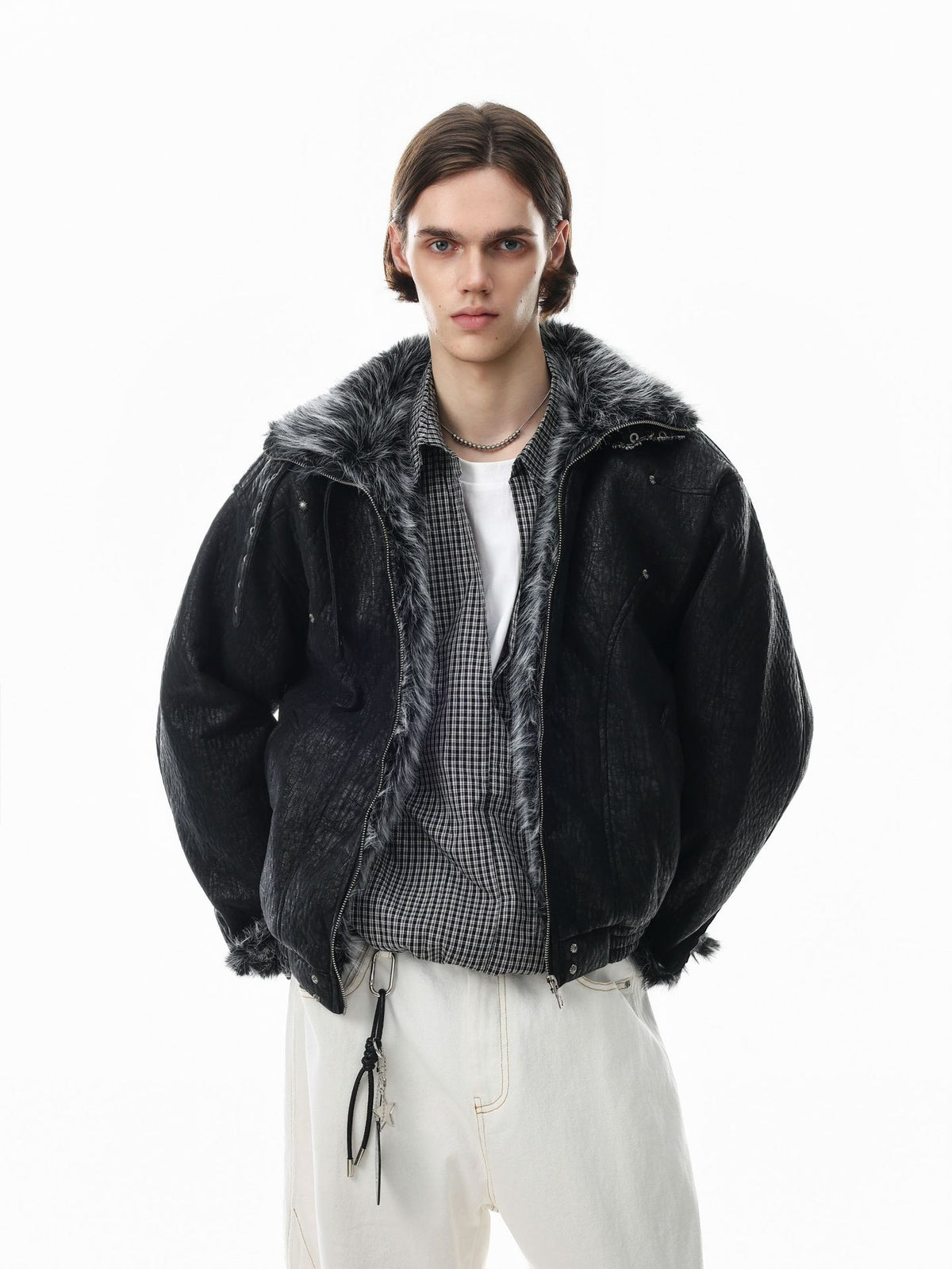 Faux Fur Trim Padded Bomber Jacket — Stand Collar with Buckle Detail