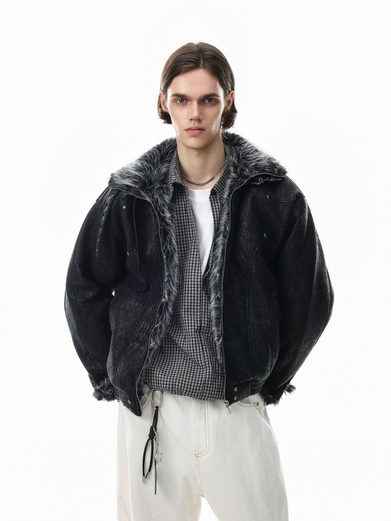 Faux Fur Trim Padded Bomber Jacket — Stand Collar with Buckle Detail