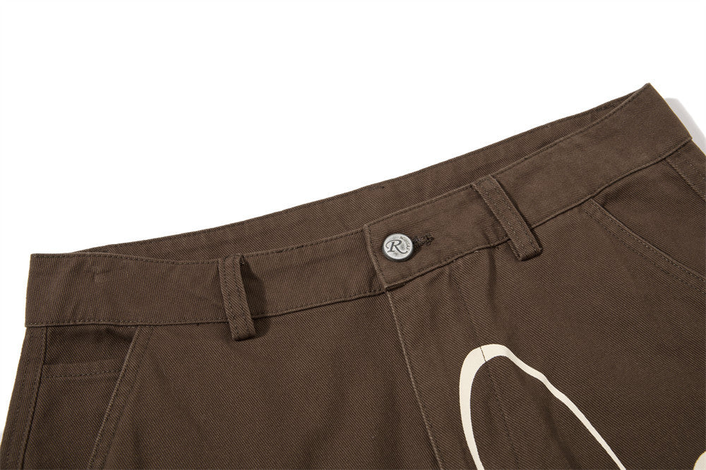 Men's Black Cargo Pants Wide-Leg Script Print with Rivet Detail