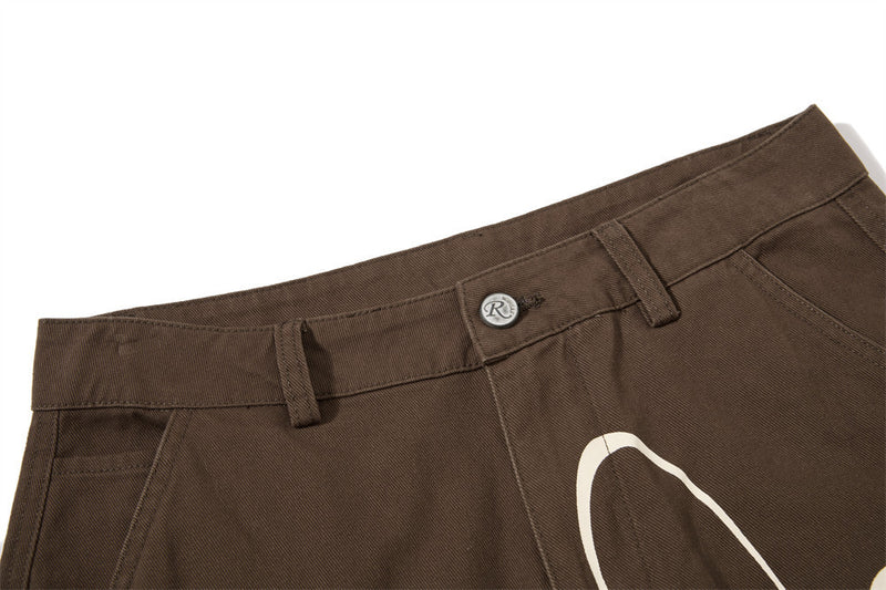 Men's Black Cargo Pants Wide-Leg Script Print with Rivet Detail