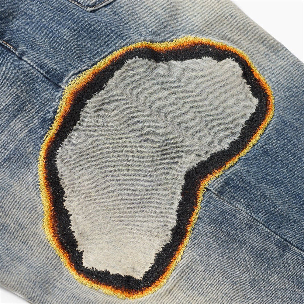 Men's Baggy Straight-Leg Jeans with Embroidered Patch Detail – Distressed Blue