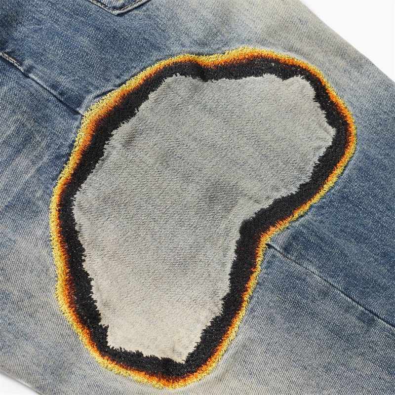 Men's Baggy Straight-Leg Jeans with Embroidered Patch Detail – Distressed Blue