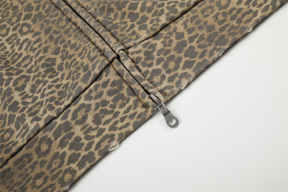 Leopard Print Zip-Up Hoodie with Distressed Letter Embroidery