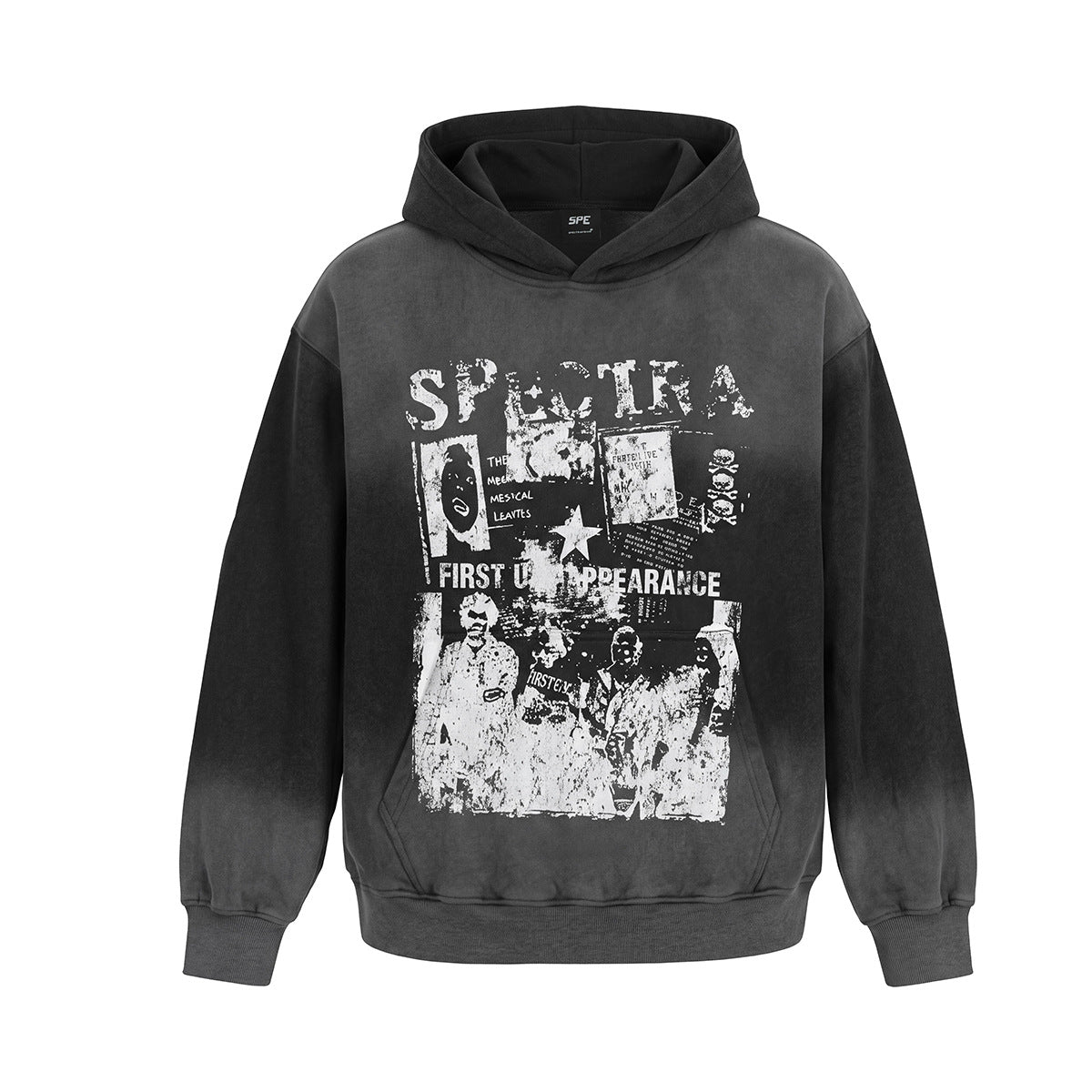 Oversized washed graphic hoodie with distressed Spectra First Appearance collage print on chest, shown in Washed Black colorw