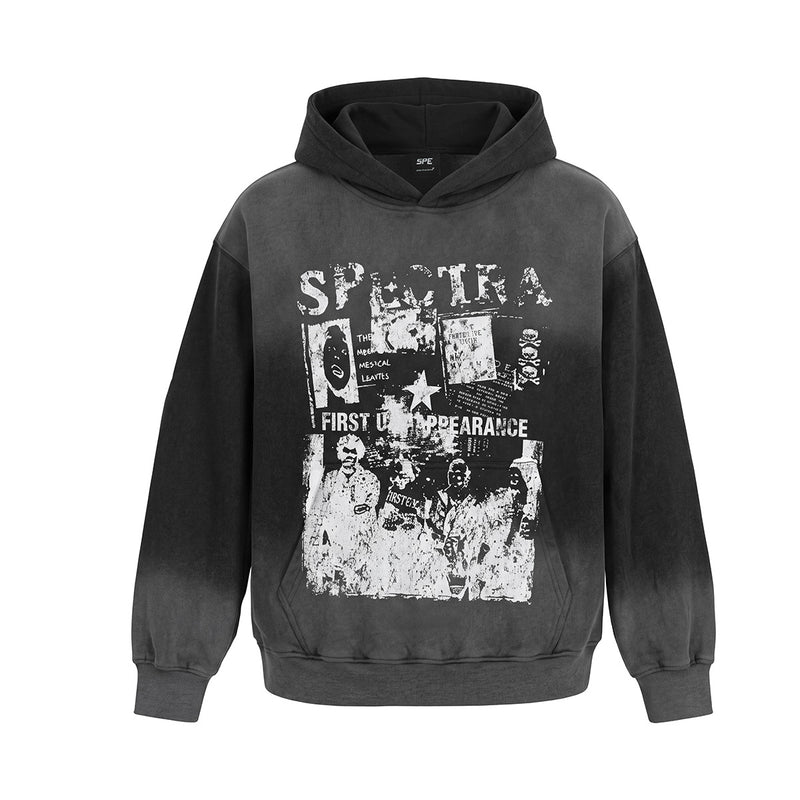 Oversized washed graphic hoodie with distressed Spectra First Appearance collage print on chest, shown in Washed Black colorw