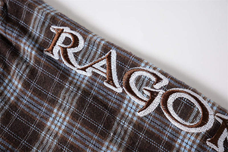 Plaid Long Sleeve Button-Up Shirt with Gothic Letter Embroidery