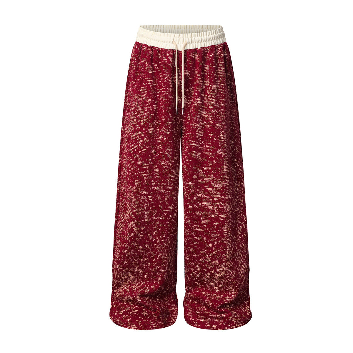 Pantalon de survêtement à jambes larges en maille jacquard effet usé, avec ceinture côtelée crème, coloris rouge, vue de face