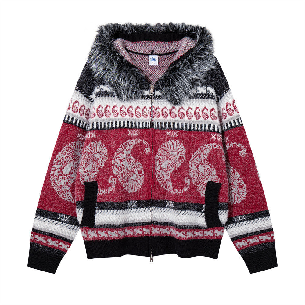 Oversize-Paisley-Jacquard-Strick-Cardigan mit Reißverschluss und Kapuze sowie Kunstpelzbesatz am Kragen in Beige, Vorderansicht