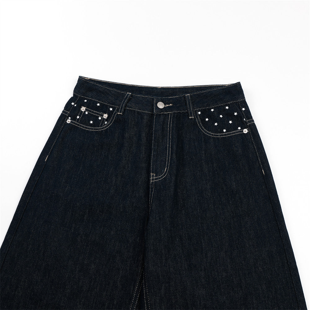 Jean homme wide leg délavé foncé avec détail de broderie étoile
