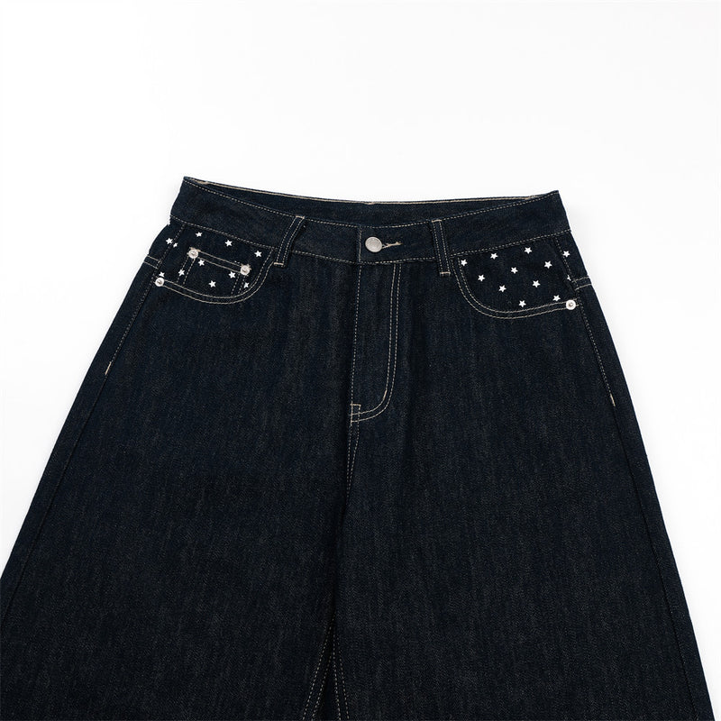 Jean homme wide leg délavé foncé avec détail de broderie étoile
