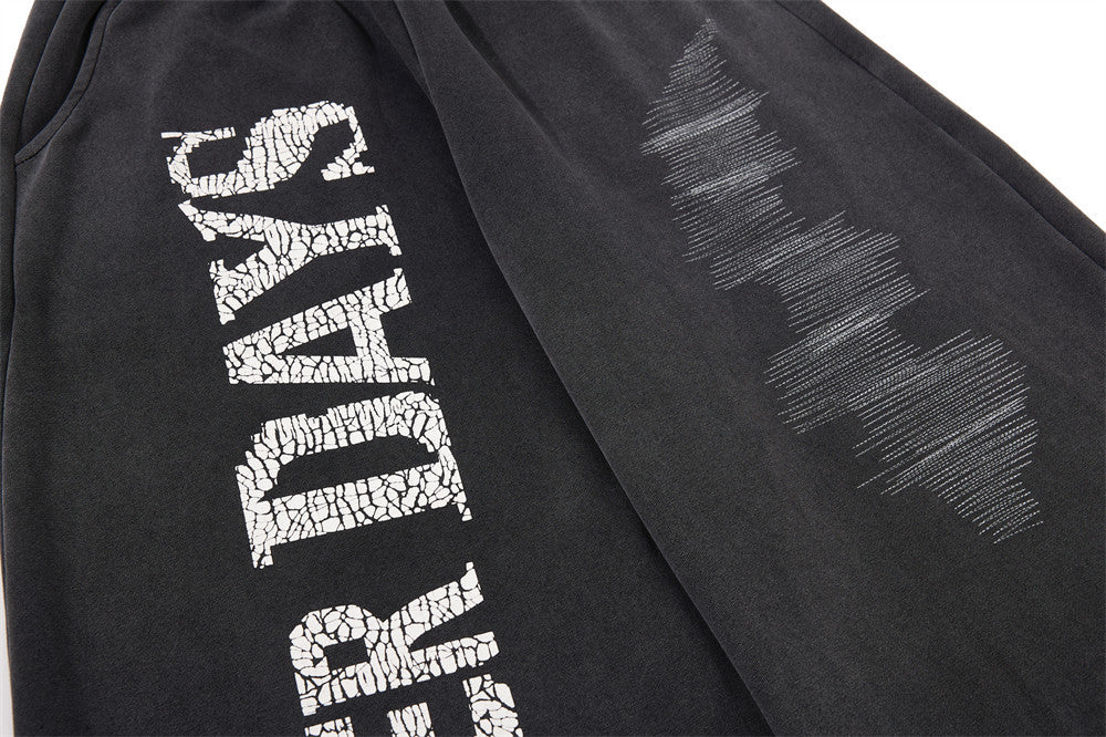 Wide-Leg Sweatpants with Cracked Letter Print and Lightning Graphic