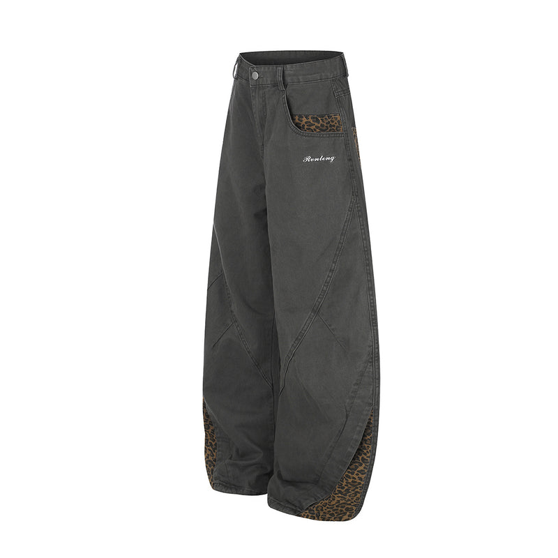 Pantalones de pierna ancha con paneles de estampado de leopardo – Pantalones banana de corte relajado