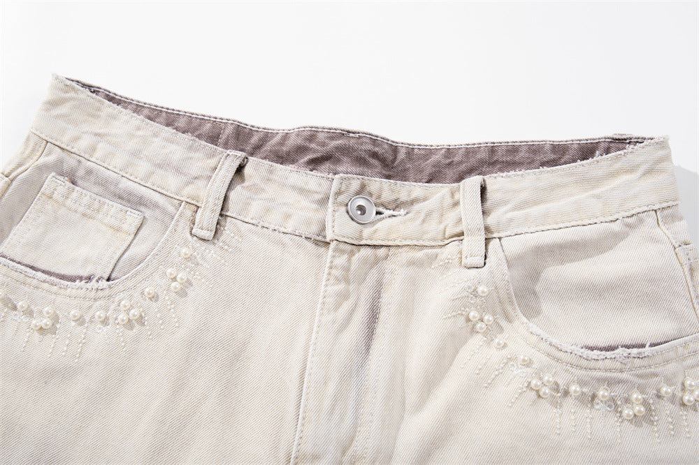 Wide-Leg Jeans – Gradient Tie-Dye Wash with Pearl Bead Embellishments