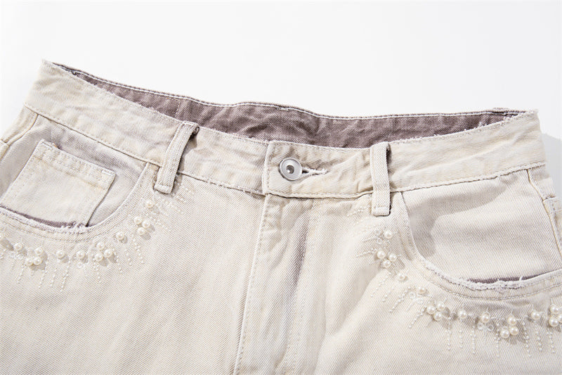 Wide-Leg Jeans – Gradient Tie-Dye Wash with Pearl Bead Embellishments