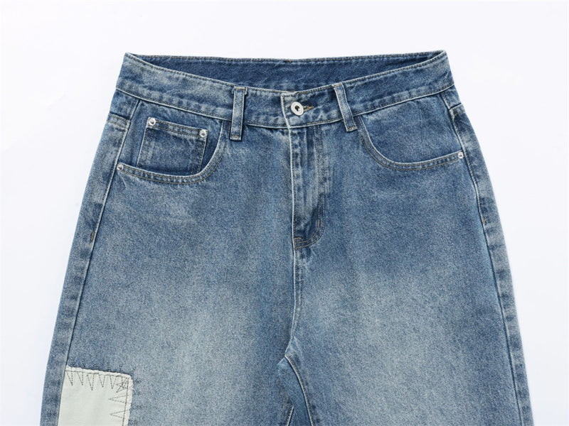 Men's Patchwork Wide-Leg Jeans – Straight Fit Streetwear Denim with Contrast