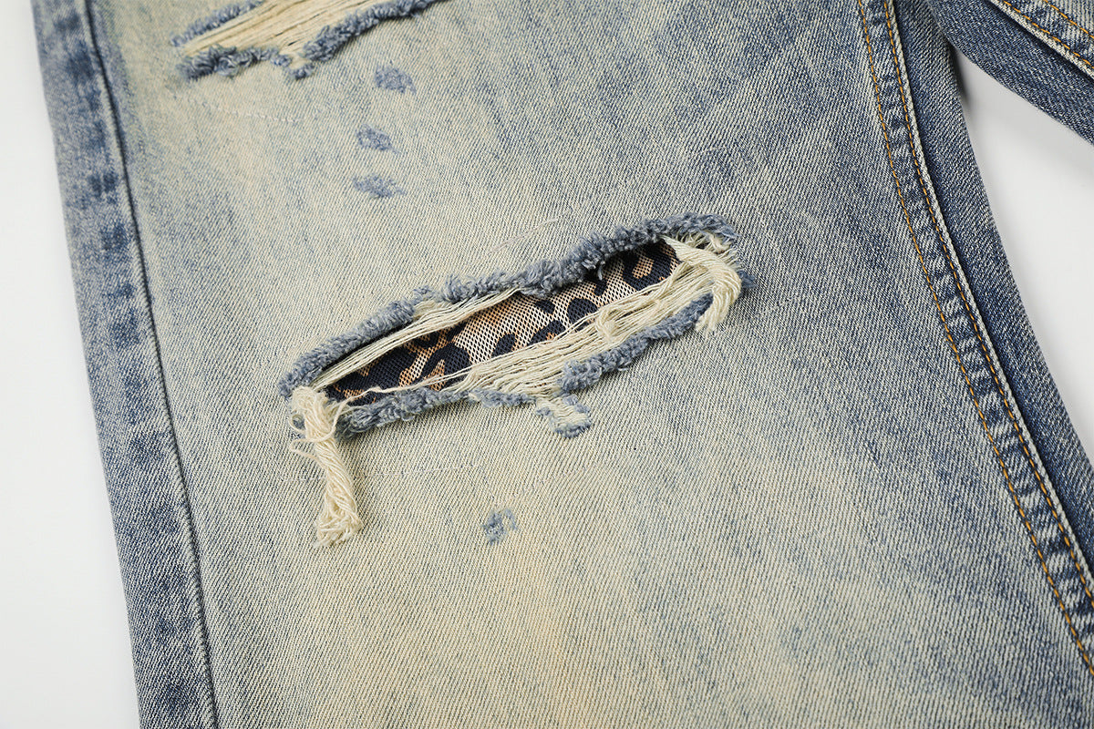 Jean baggy bleu clair à poches léopard – Denim large délavé et déchiré
