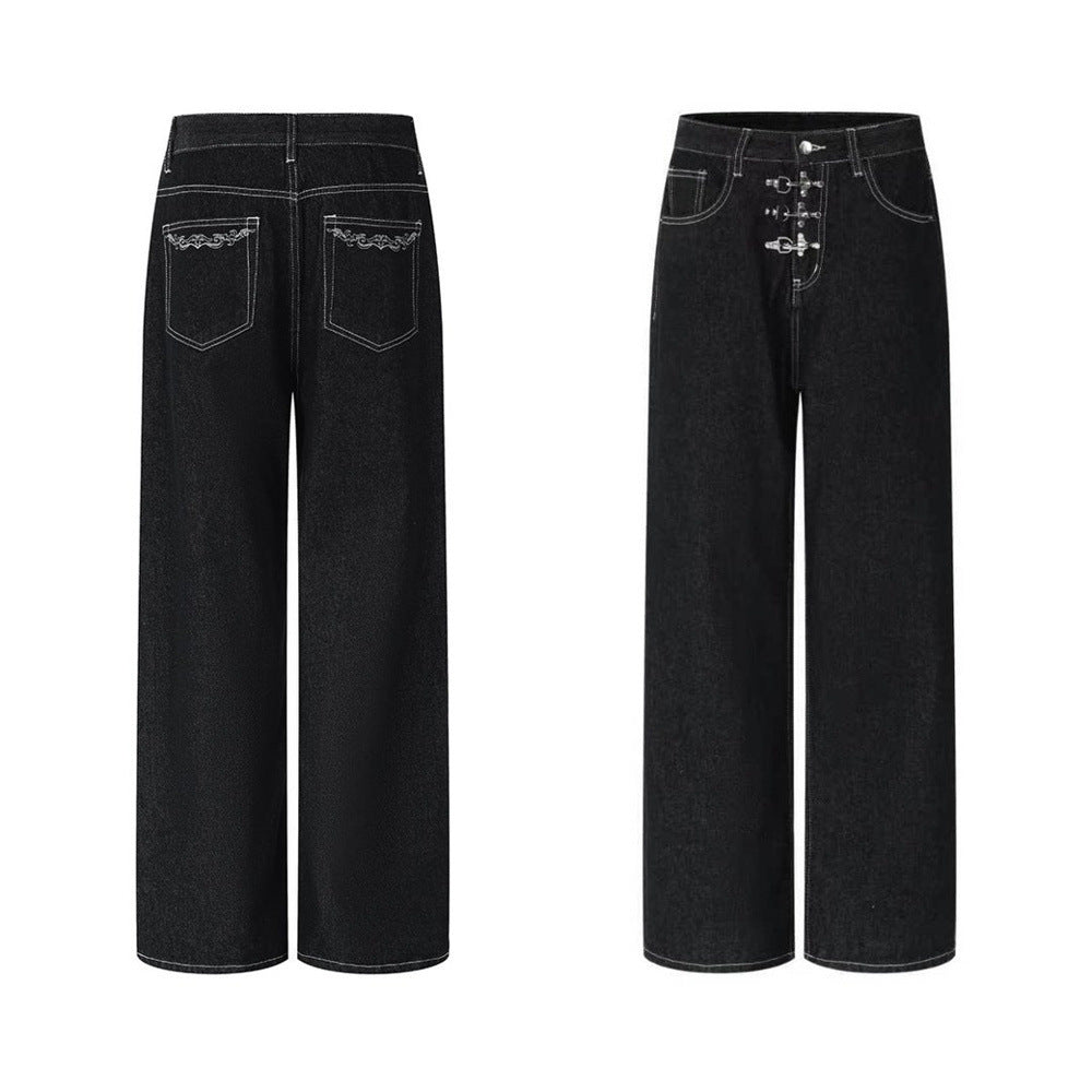 Black wide-leg men's jeans with triple metal hook-and-bar fly closure and white contrast stitching, front and back view