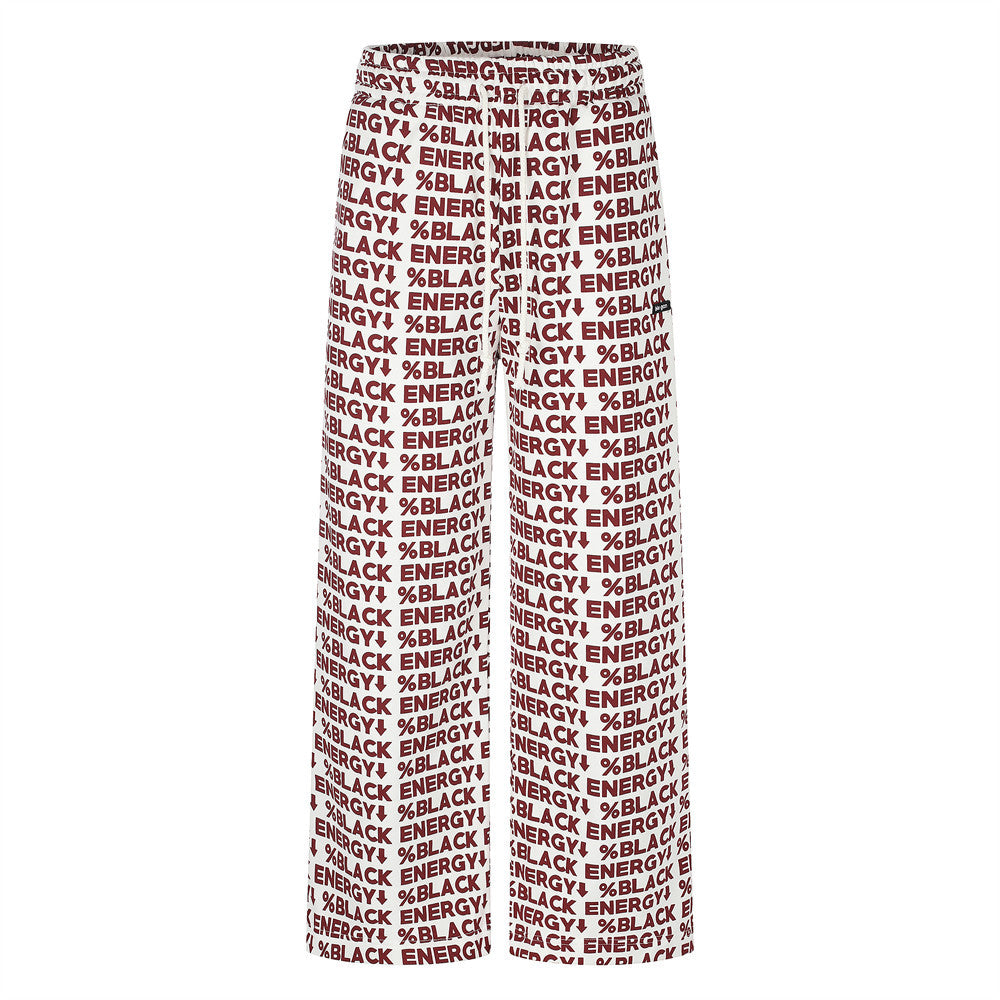 White wide-leg sweatpants with red BLACK ENERGY print, front view
