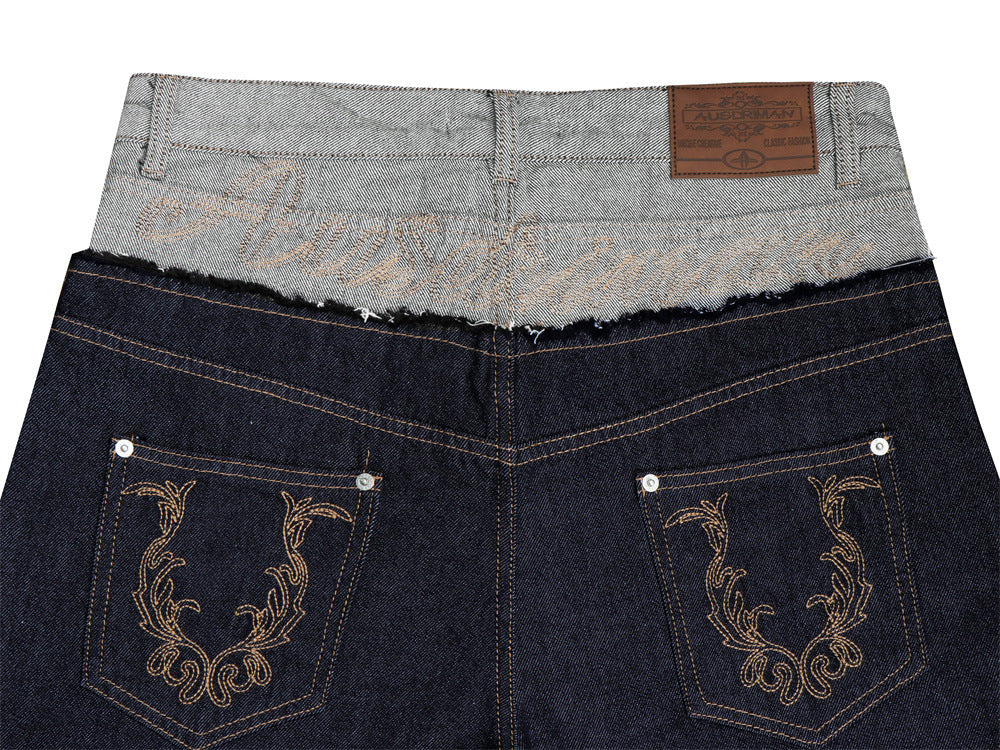 Jean homme coupe ample – Denim brut à double ceinture avec empiècements effilochés &