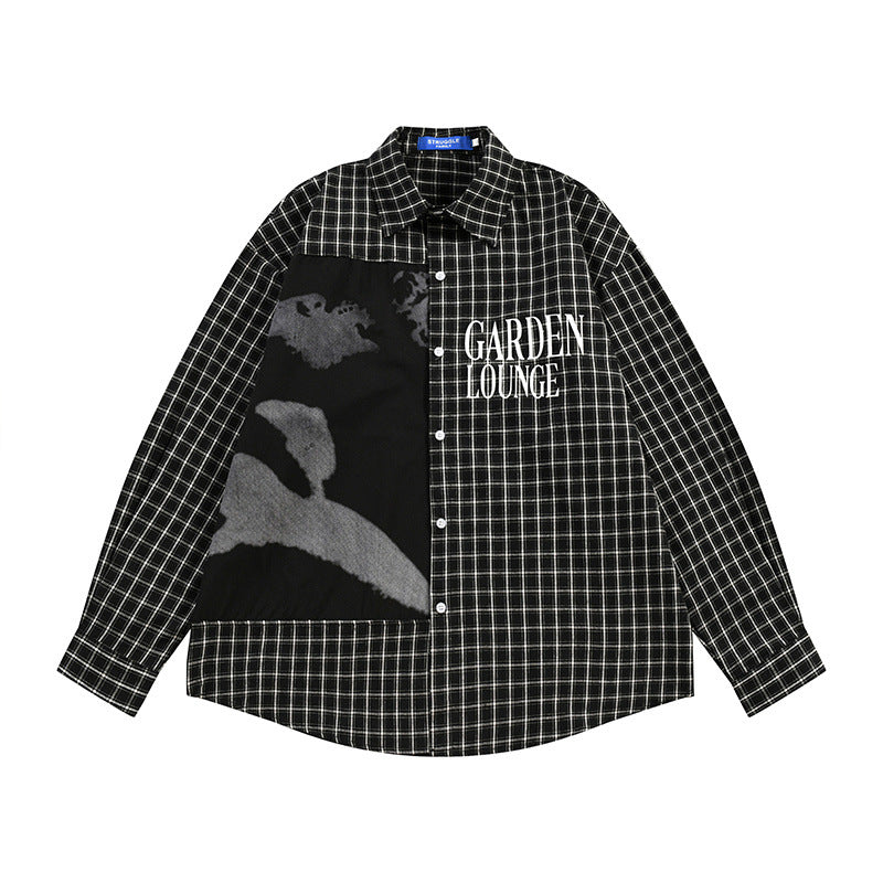 Plaid Patchwork Shadow Print Long Sleeve Shirt – Oversized Punk Street Style