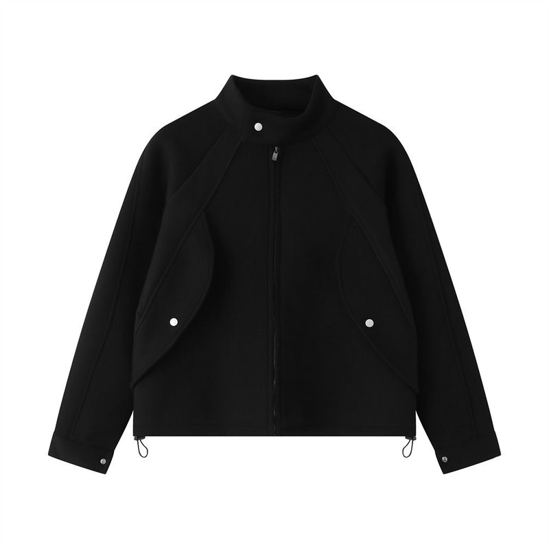Relaxed-fit stand collar zip-up jacket with asymmetric snap flap and drawstring hem in black