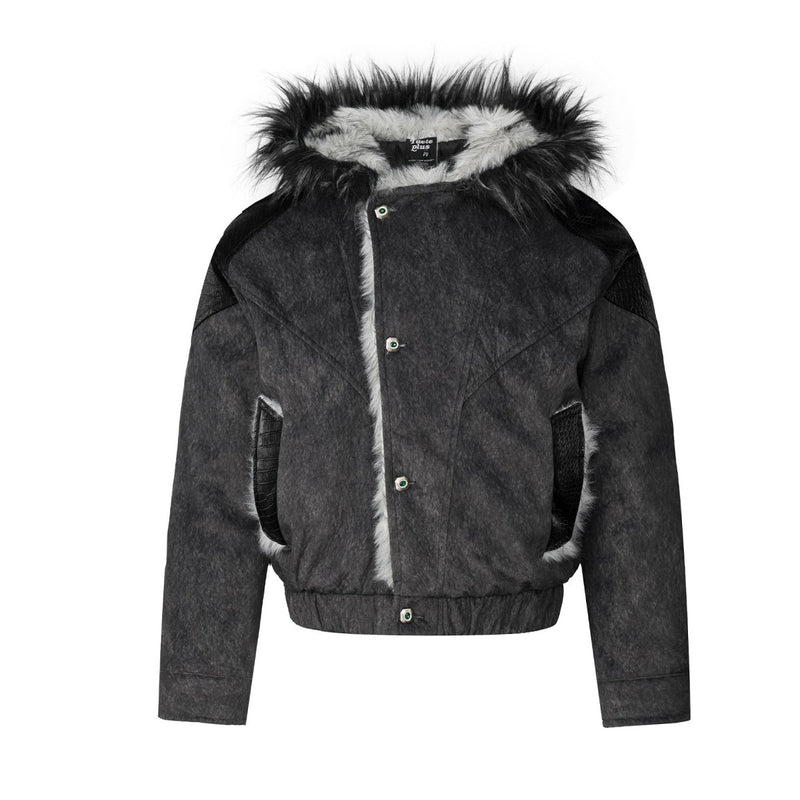 Faux Fur Trim Hooded Bomber Jacket – Textured Fleece with PU Leather Panels