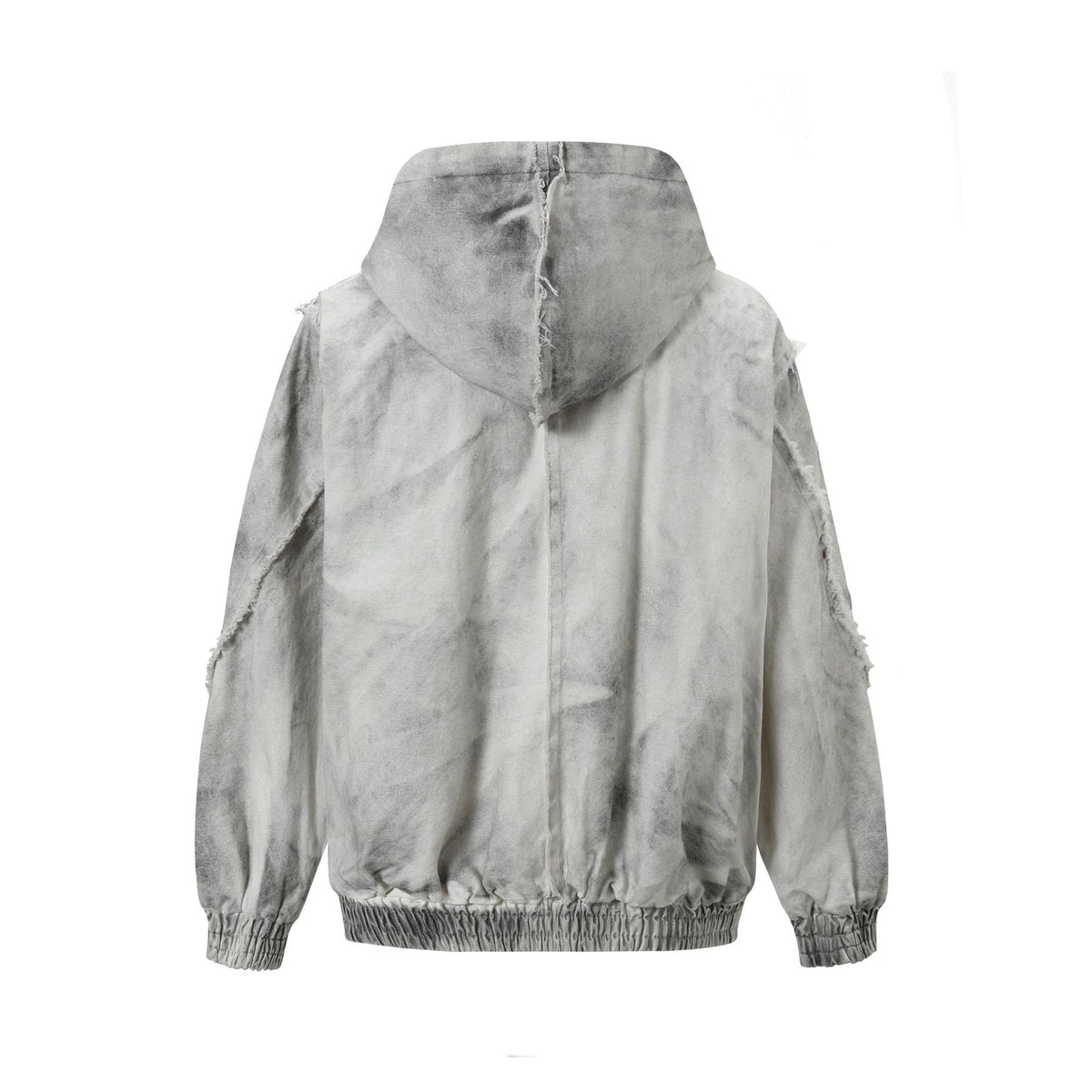 Men's Washed Distressed Zip-Up Hooded Jacket with Raw-Edge Patchwork