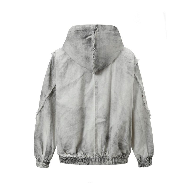 Men's Washed Distressed Zip-Up Hooded Jacket with Raw-Edge Patchwork