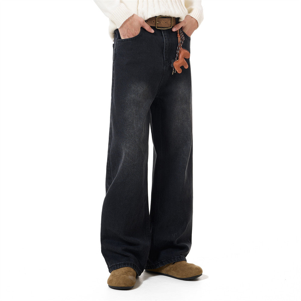 Men's Vintage Washed Wide-Leg Jeans – Relaxed Straight Fit with Horse Charm