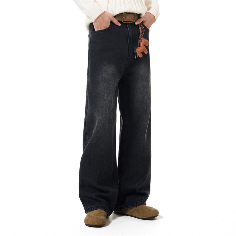 Men's Vintage Washed Wide-Leg Jeans – Relaxed Straight Fit with Horse Charm