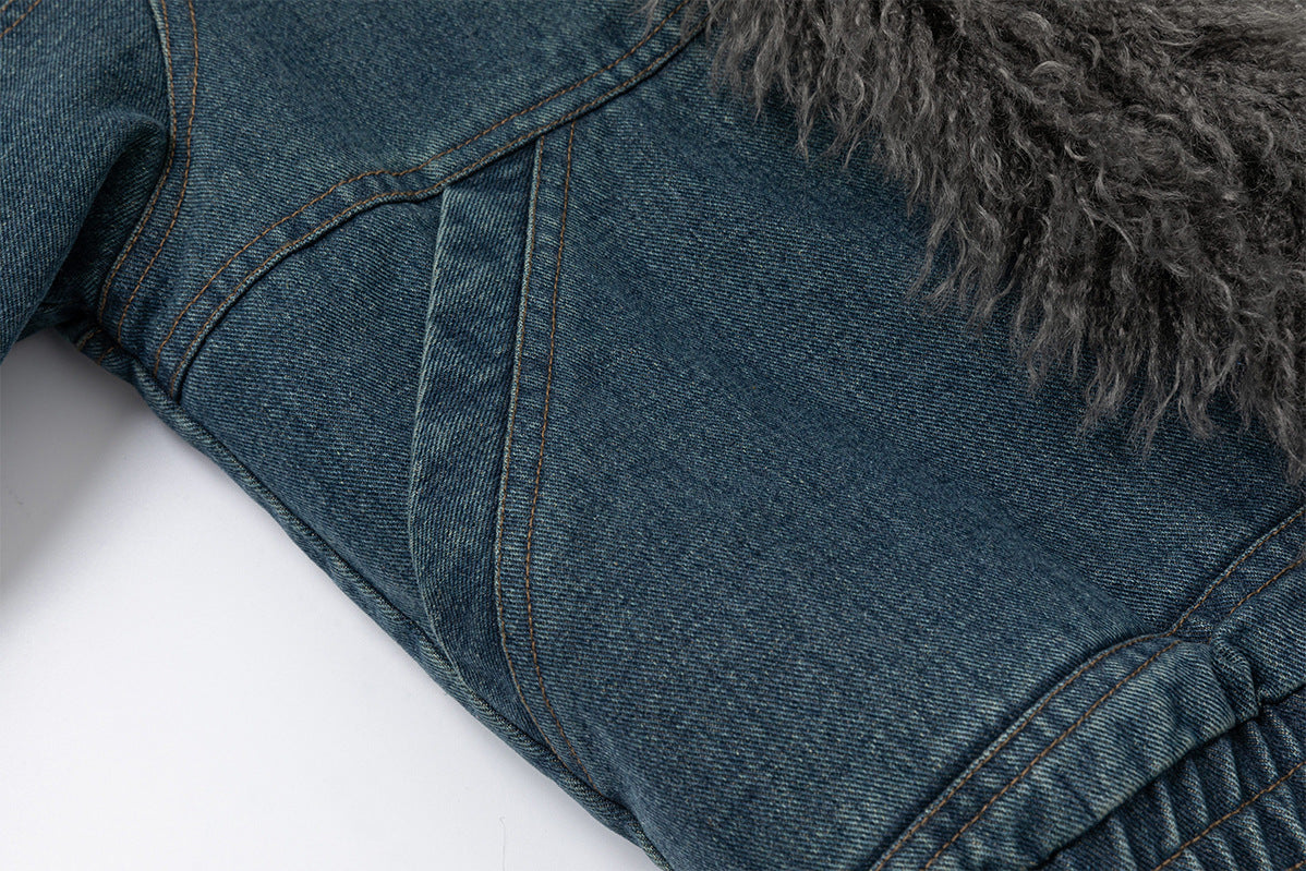 Washed Denim Cotton-Padded Jacket with Faux Fur Collar & Cuffs