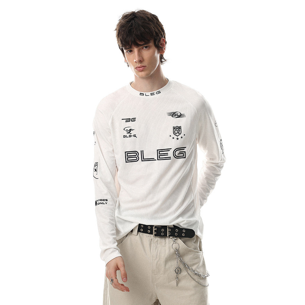 Men's BLEG multi-logo racing graphic long sleeve crew neck tee in white, grey, and navy