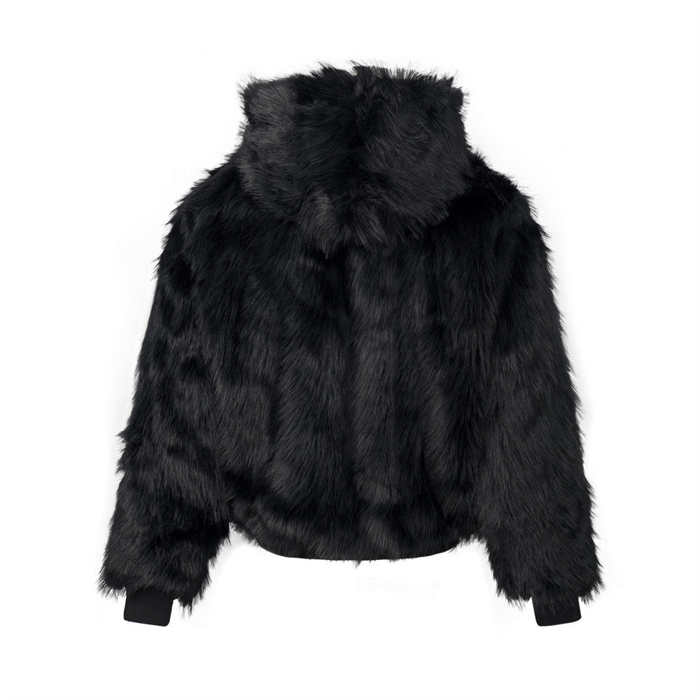 Black Faux Fur Hooded Bomber Jacket with White Cross Patch