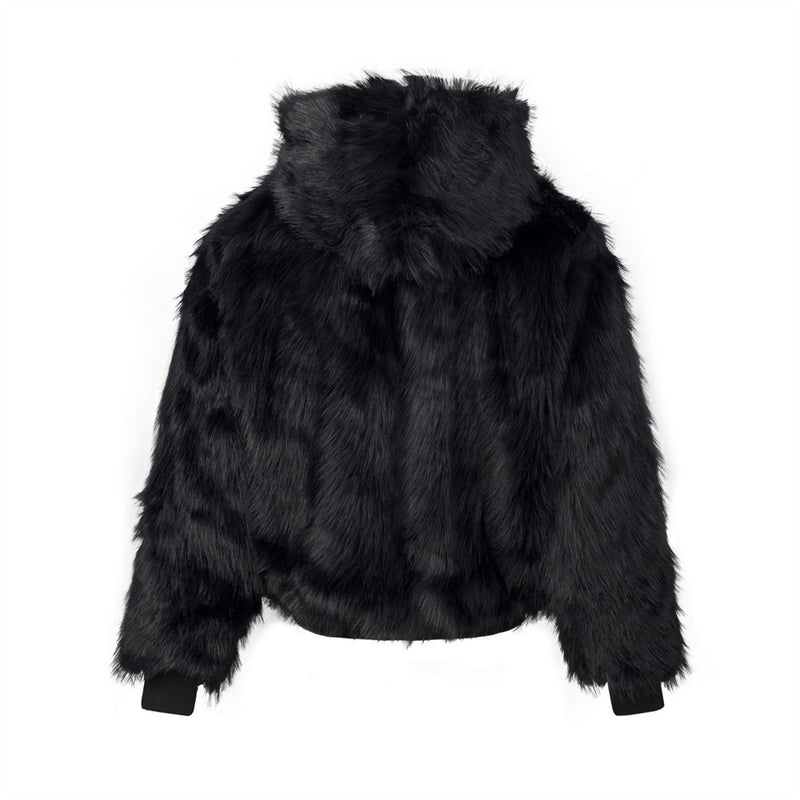 Black Faux Fur Hooded Bomber Jacket with White Cross Patch