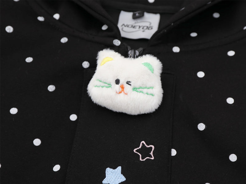 Polka Dot Zip-Up Hoodie with 3D Cat Patch & Star Embroidery – Oversized Unisex