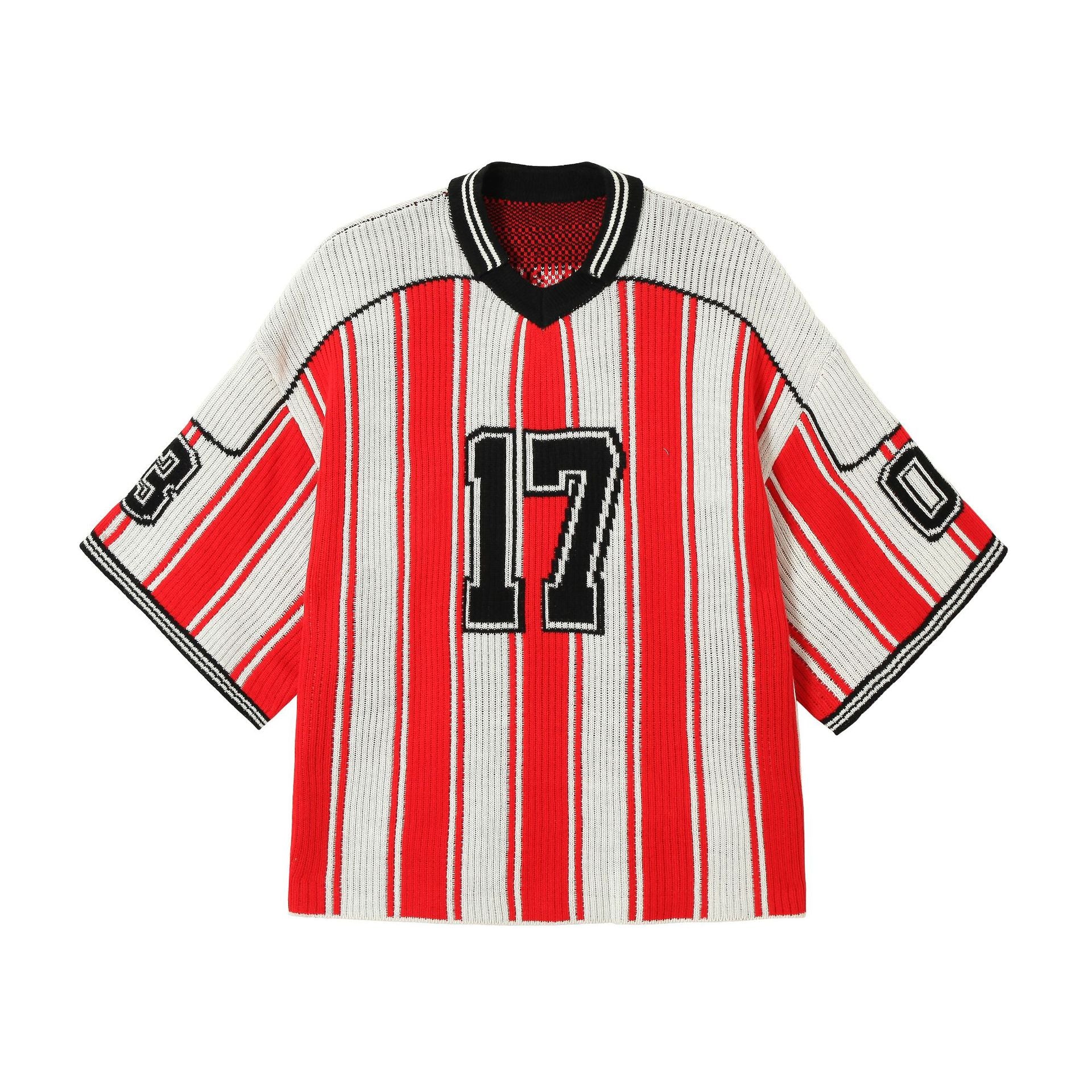 Red and White Striped V-Neck Sweater – Number 17 Oversized Knit Sports Jersey