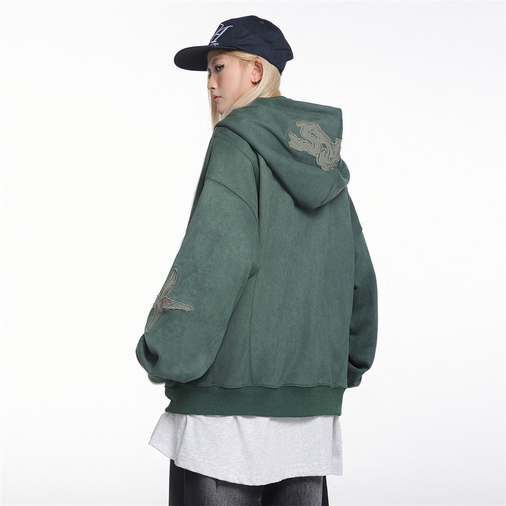 Baggy Zip Up Hoodie with Letter Appliqué — Oversized Streetwear Zip Hoodie