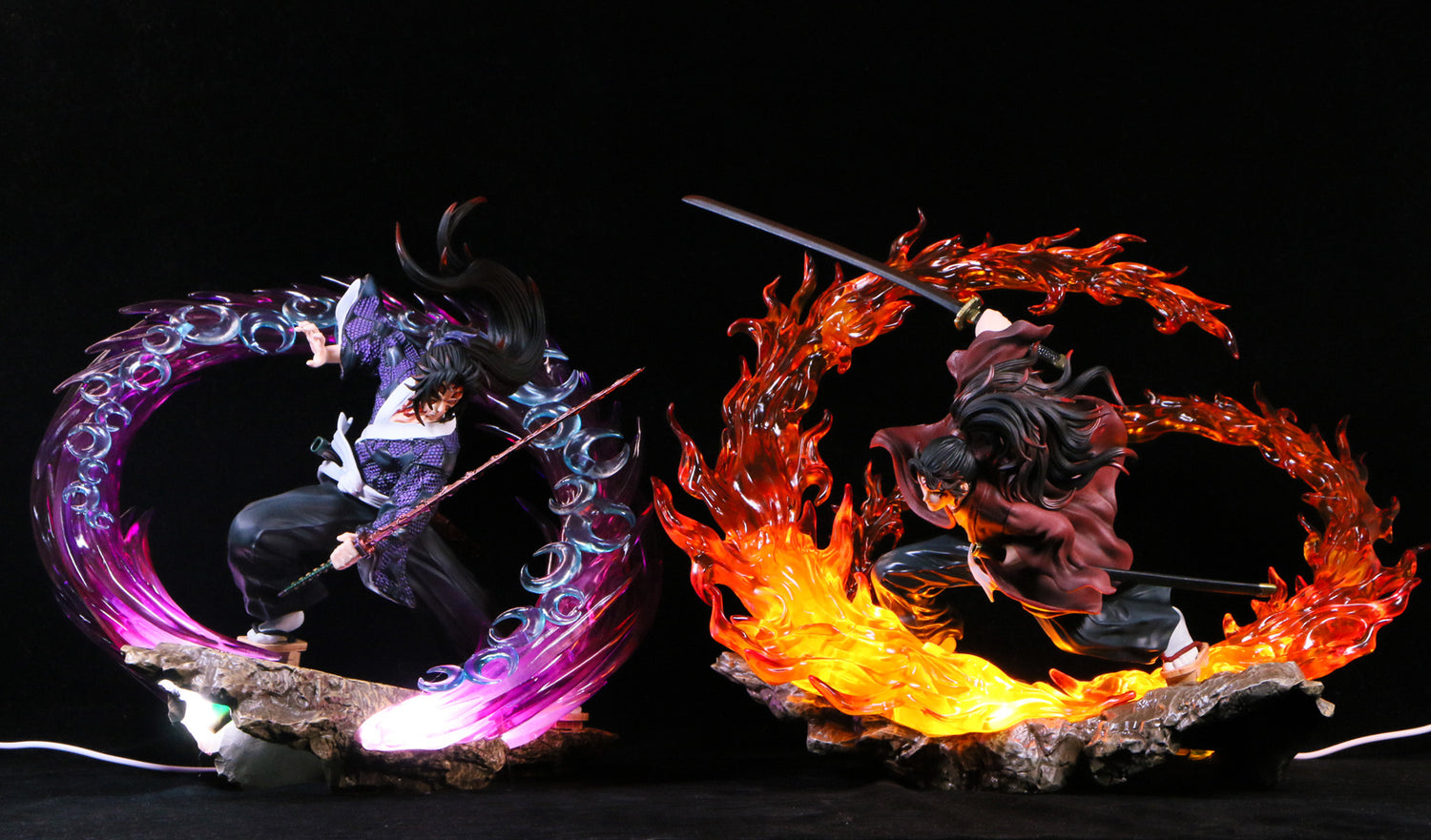 The Seakoff Tsugikuni Yoriichi Demon Slayer Figure, a 29cm premium PVC statue, features dynamic poses with flame effects showcasing the Breath of the Sun technique. It stands on a rock base against a black background.