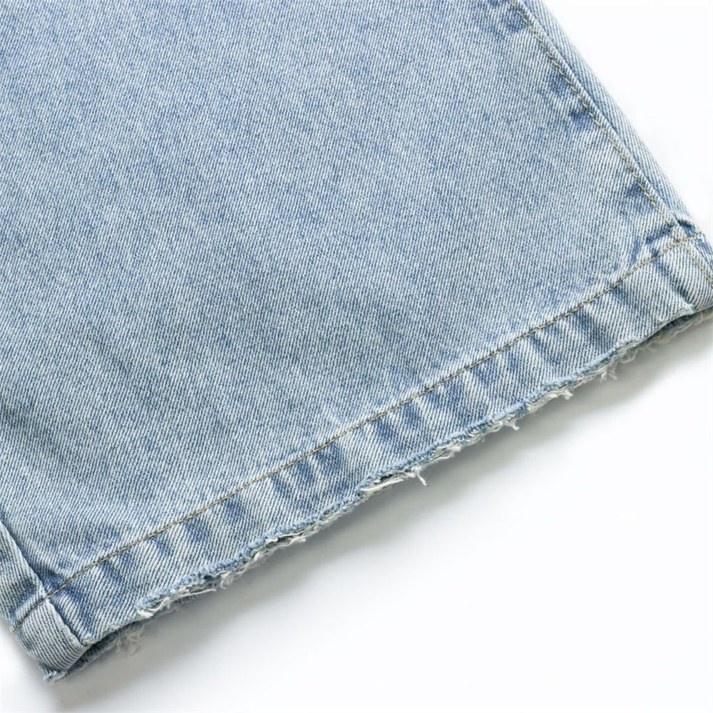 Wide-Leg Baggy Jeans – Men's Vintage Washed Light Blue Curved Hem Denim