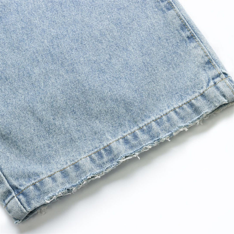 Wide-Leg Baggy Jeans – Men's Vintage Washed Light Blue Curved Hem Denim