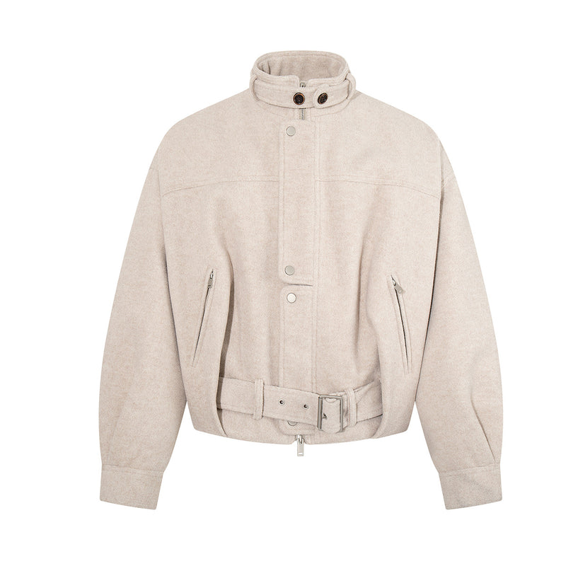 Oversized Wool-Blend Belted Bomber Jacket with Stand Collar