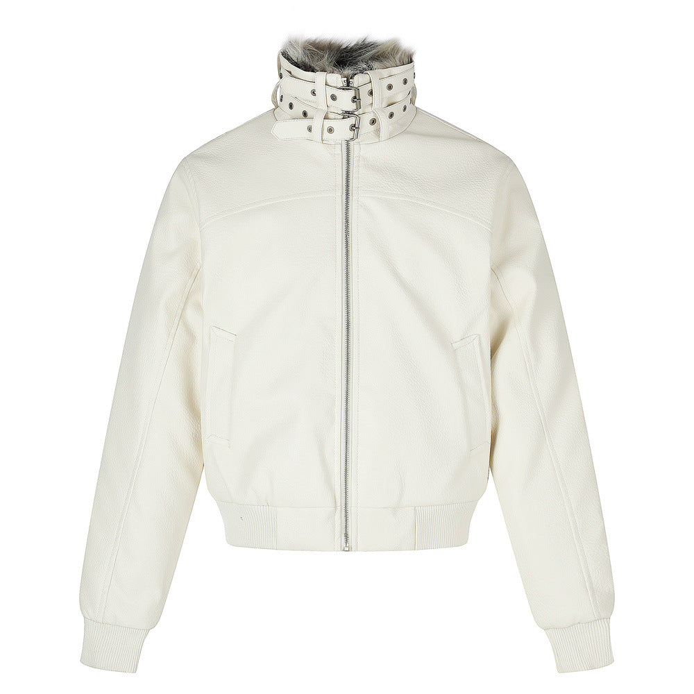 PU Leather Bomber Jacket with Faux Fur Collar & Buckle Strap Stand Neck
